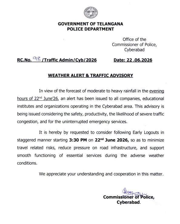 Cyberabad Police Issue Early Logout Advisory for Companies and Schools Due to Heavy Rainfall Alert