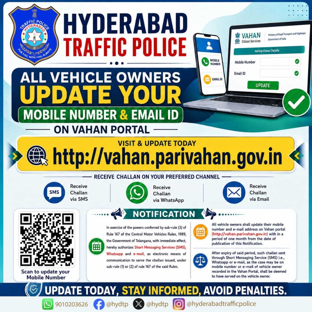 Hyderabad Traffic Police Urges Vehicle Owners to Update Contact Details on VAHAN Portal