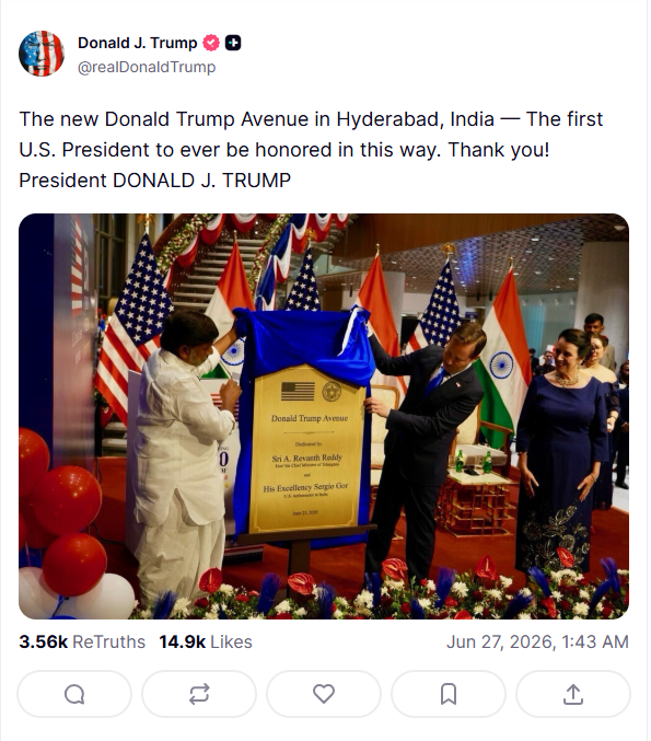 US President Donald Trump Thanks Telangana After Hyderabad Unveils ‘Donald Trump Avenue’