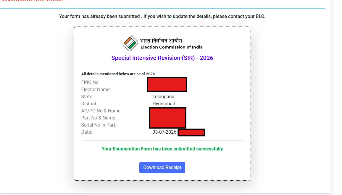 How to Check Whether Your SIR Enumeration Form Has Been Submitted in Telangana