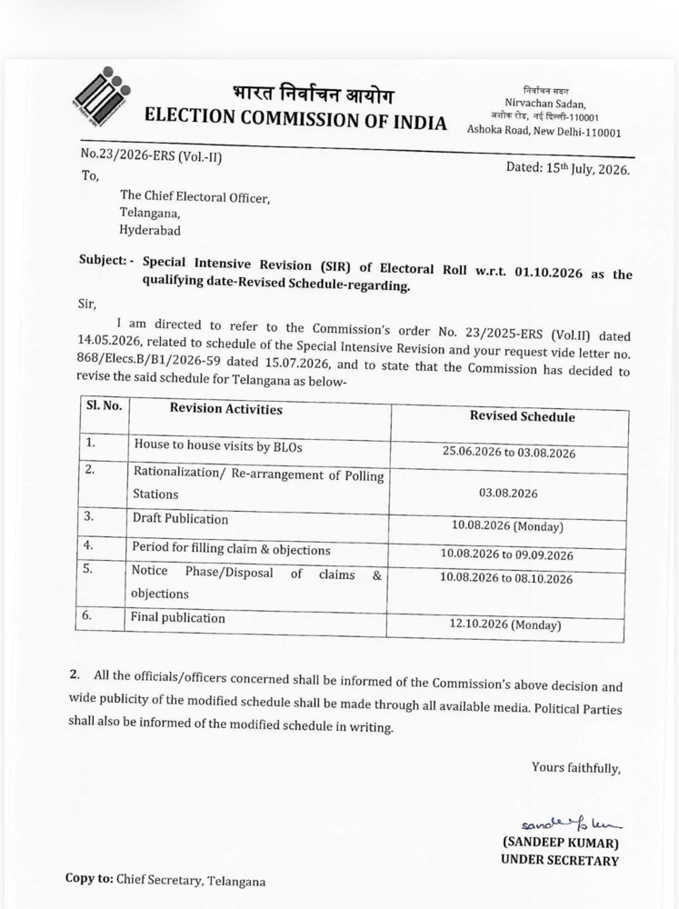 ECI Extends Telangana SIR Schedule; Final Electoral Roll to Be Published on October 12